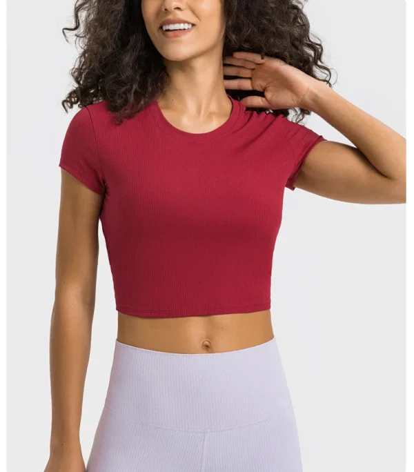 Somatic YOGA Wear Top Women Gym Shirts Yoga Striped Rib T-shirt Short Sleeve Top Sport Fitness Sportswear Stretch Breathable Women's Blouse