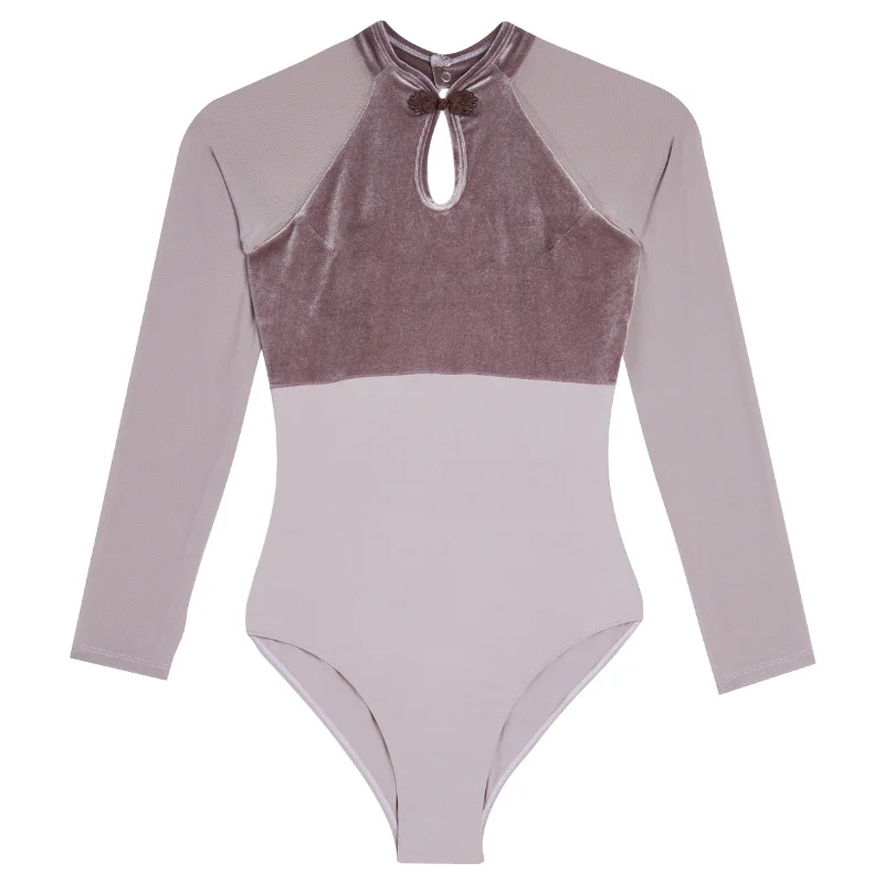Woman Ballet Leotards Chinese Style Gymnastics Leotards Velvet Splice Long Sleeves Ballet Bodysuit Nylon Dancing Activewear - Image 6