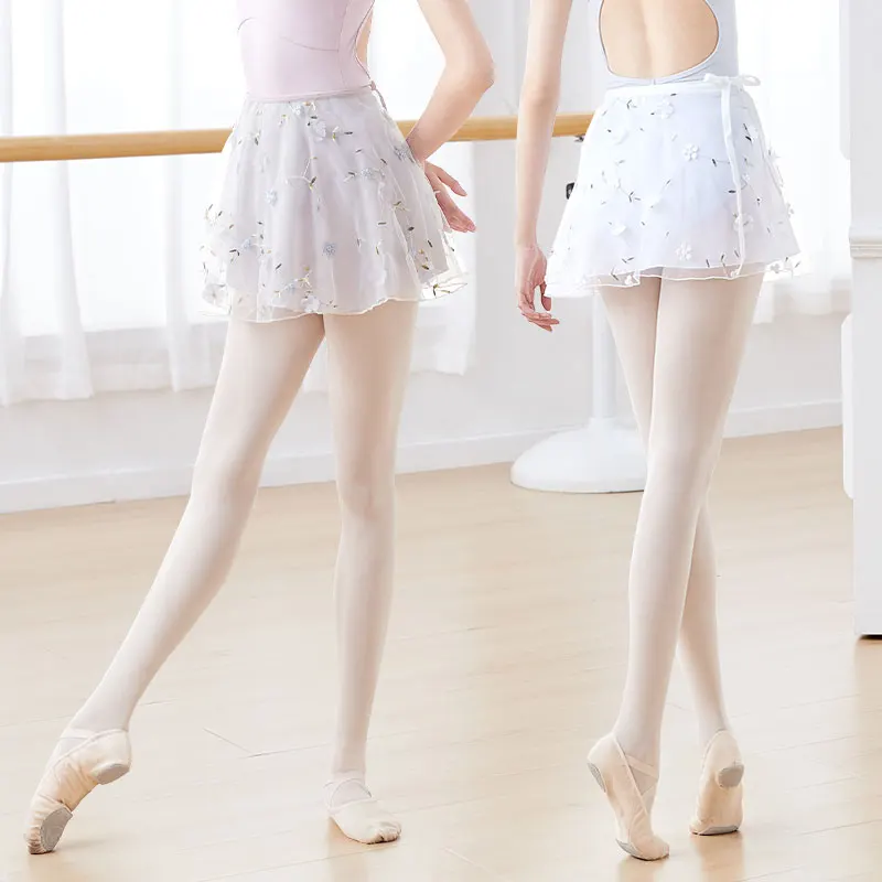 Ballet Skirt Woman Embroidery Floral Tie Up Chiffon Half Dance Skirt For Woman Skirt For Dancing